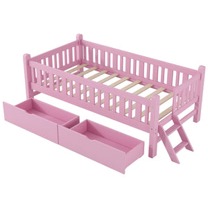 English Elm Wood Twin Platform Bed with Guardrail, Solid Pine Construction, 2 Underbed Drawers for Storage and Playroom Space Pink N709P242145H