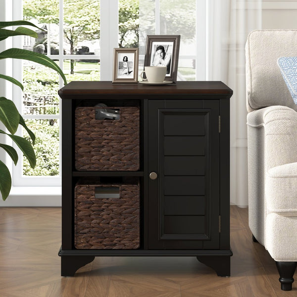 English Elm U Can Louvered End Table with Woven Grass Baskets Ottoman Legs Farmhouse Storage Black N724P401353B