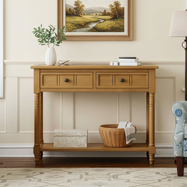 English Elm TREXM Daisy Series Console Table with Two Drawers and Bottom Shelf Vintage-Inspired Pine Accent Piece Natural N715P364059N
