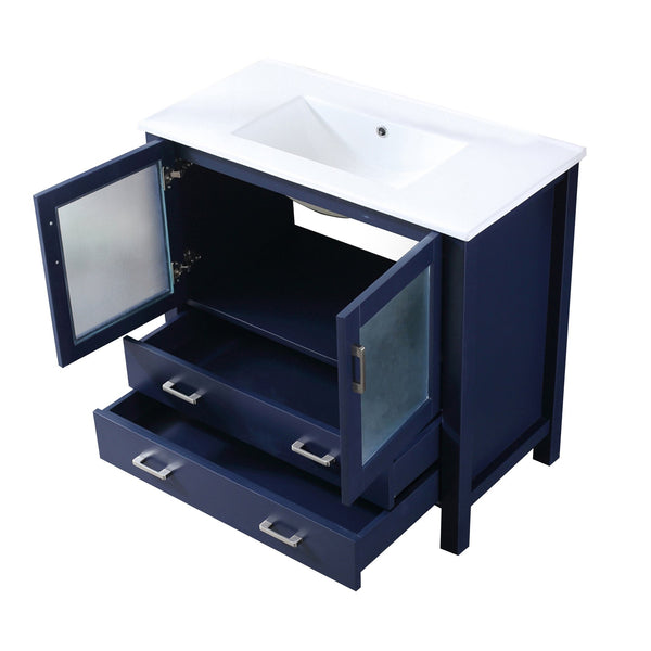 English Elm Navy Blue Bath Vanity 36” W X 18.25” D With White Ceramic Top, Soft-Close Drawers & Ample Storage B2731P260443