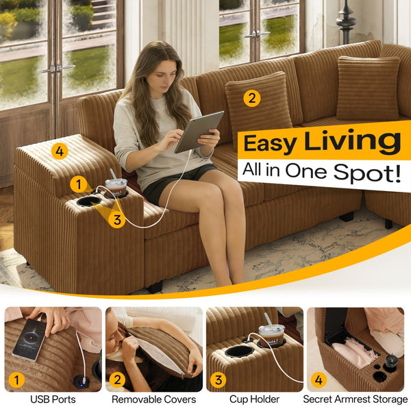 English Elm 110.2" Corduroy Sectional Sleeper Sofa with Ottoman Usb Ports Storage Armrests Living Room Camel W3219S00015