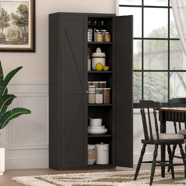English Elm 2 Door Steel Pantry Cabinet Powder Coated Finish Gold Hardware Adjustable Shelves Tall Storage Black T3625P366653