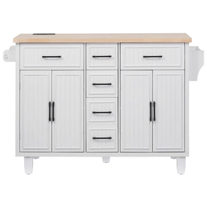 English Elm K&K 56.5" Kitchen Island with Drop Leaf, Embossed Vertical Stripe Barn Doors, Wheels & Charging Hub White N707P263094W