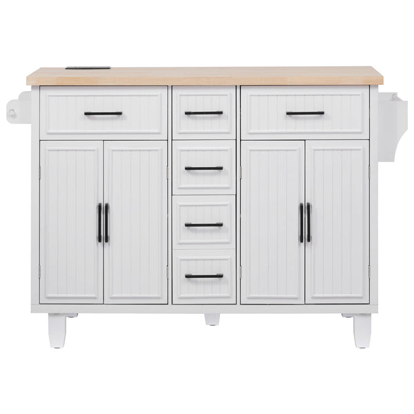 English Elm K&K 56.5" Kitchen Island with Drop Leaf, Embossed Vertical Stripe Barn Doors, Wheels & Charging Hub White N707P263094W