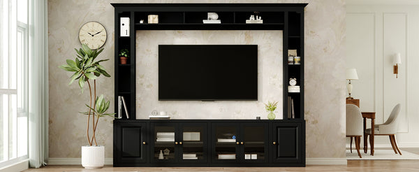 English Elm 4-Piece Modern Entertainment Center Wall Unit with Tempered Glass Doors, Adjustable Shelves, Designer Bridge and Cable Management for Spacious Living Room Storage Black N721S000052B