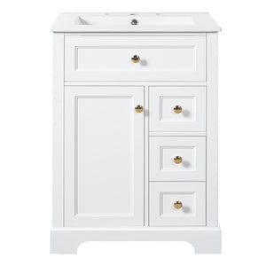 English Elm "24'' 24 Inch Glossy Freestanding Bathroom Vanity with Gold Hardware and Soft Close Storage White Pinewood N725P375495K