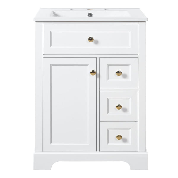 English Elm "24'' 24 Inch Glossy Freestanding Bathroom Vanity with Gold Hardware and Soft Close Storage White Pinewood N725P375495K