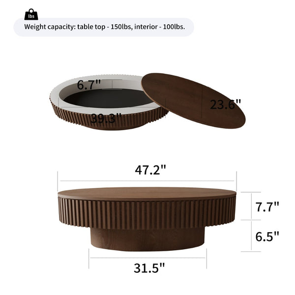 English Elm 47'' Oval Storage Coffee Table Fluted Wood Veneer Lift Lid Sculptural Living Room Accent Walnut W1435P293223