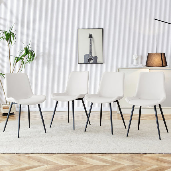 English Elm White faux leather dining chairs set of 4 with curved widened cushions, black metal legs, easy-clean comfort W1151P346458