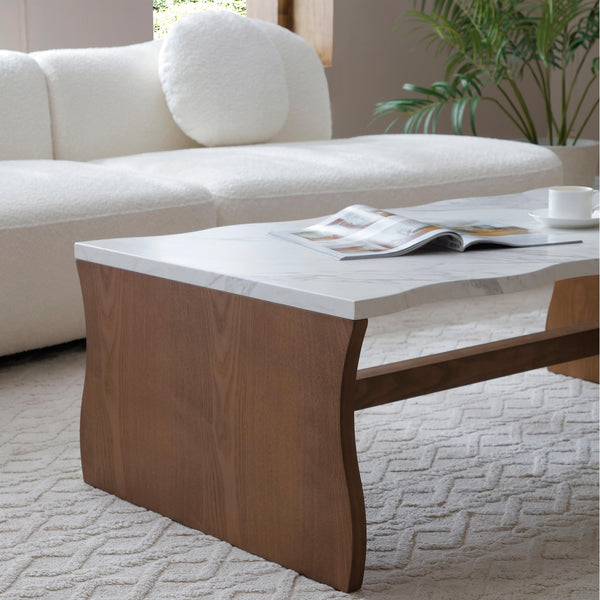 English Elm 47.24" Whisper Of Waves Modern Coffee Table – Elegant White Faux Marble & Walnut Base For Any Space W2664P346445