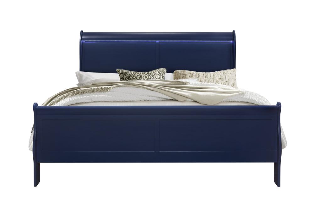 English Elm CHARLSTON Solid Wood Twin Bed with LED Lighting, Sleigh-Style Blue Finish, Transitional Design B201S00219