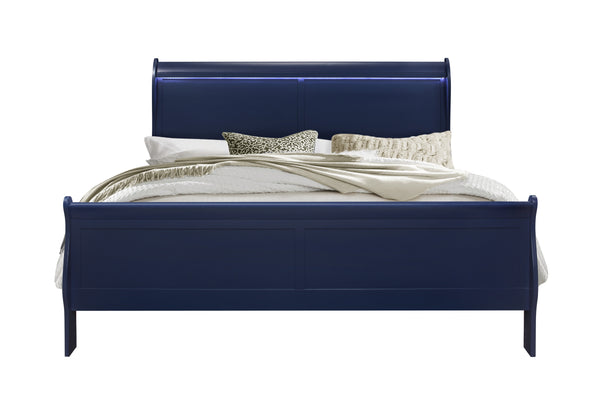 English Elm CHARLSTON Solid Wood Twin Bed with LED Lighting, Sleigh-Style Blue Finish, Transitional Design B201S00219
