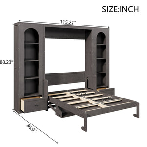 English Elm Queen Murphy Bed with Led Lighting Side Cabinets Shelving and Fold Down Desk Panel Gray N7090002226E-1