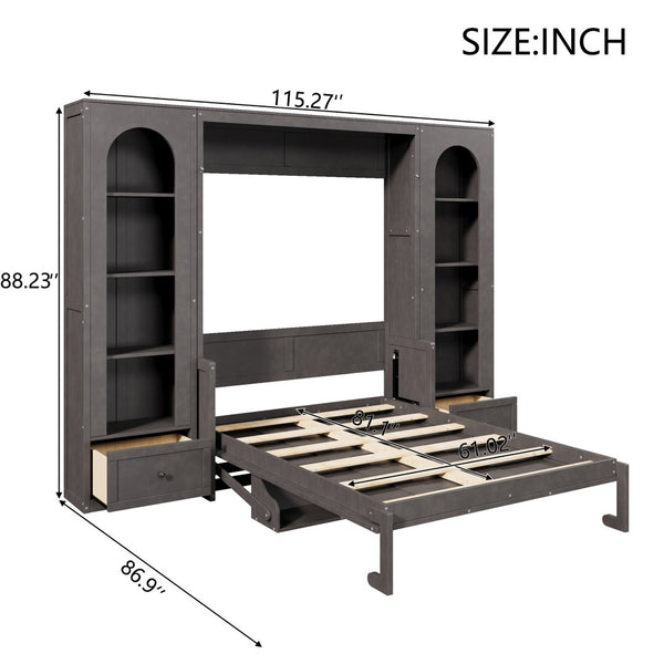 English Elm Queen Murphy Bed with Led Lighting Side Cabinets Shelving and Fold Down Desk Panel Gray N7090002226E-1