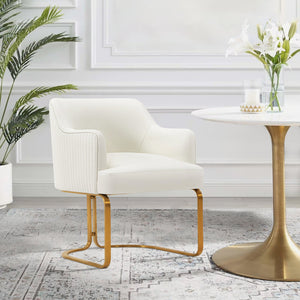 English Elm Raya Solid Wood Vegan Leather Dining Chair with Gold Geometric Base, Ribbed Back & High-Density Foam Ivory B365P397727