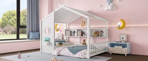 English Elm Full House Floor Bed with Roof Playhouse Design, Montessori Style with Rear Storage Shelf, Sturdy Pine White 78.5 L x 16.35 W x 8 H N733P335068K