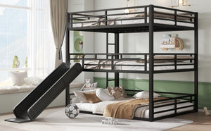English Elm Queen Metal Triple Bunk Bed With Slide - Space-Saving, Heavy-Duty Design, Safety Guardrails In Black W1580S00172-GIGA