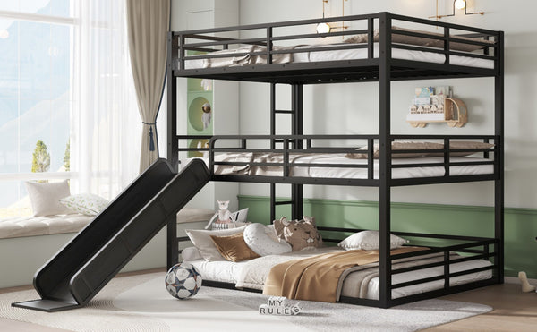 English Elm Queen Metal Triple Bunk Bed With Slide - Space-Saving, Heavy-Duty Design, Safety Guardrails In Black W1580S00172-GIGA
