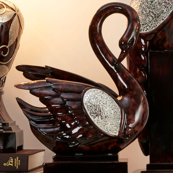 English Elm 16.5-Inch Elegant Cherry Folius Floral Swan Figurine with Crackle Glass Accent on Pedestal Base B072116016