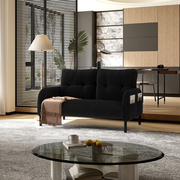 English Elm United We Win Corduroy Two Seat Sofa with Lumbar Support and Built in Storage Pockets Black W1568P386171