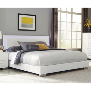 English Elm Strick Nash Glossy White Panel Bed with LED Headboard and Faux-Leather Base — Contemporary Comfort B062S00966