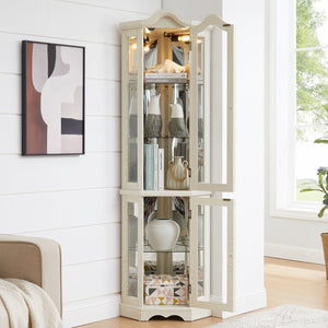 English Elm Lighted Corner Curio Cabinet With Adjustable Shelves & Integrated Lighting - Elegant White Oak Display W1758P300125