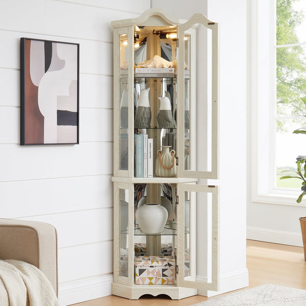 English Elm Lighted Corner Curio Cabinet With Adjustable Shelves & Integrated Lighting - Elegant White Oak Display W1758P300125