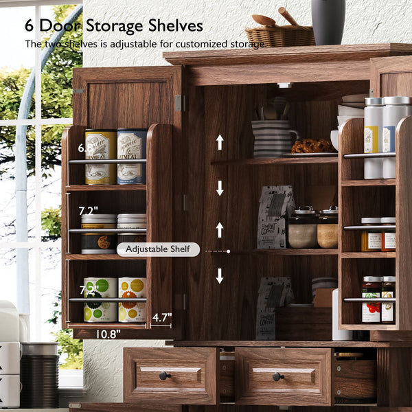English Elm K&K 71" Tall Farmhouse Pantry Cabinet with Groove Edges, 3 Pull-Out Organizers, 6 Door Shelves Brown N707P256507Z