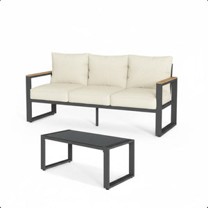 English Elm 2-piece Outdoor Aluminum Patio Sofa Set with Tempered Glass Table and Cushioned Seating Beige+Black B082P455138