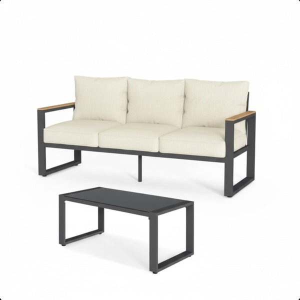 English Elm 2-piece Outdoor Aluminum Patio Sofa Set with Tempered Glass Table and Cushioned Seating Beige+Black B082P455138
