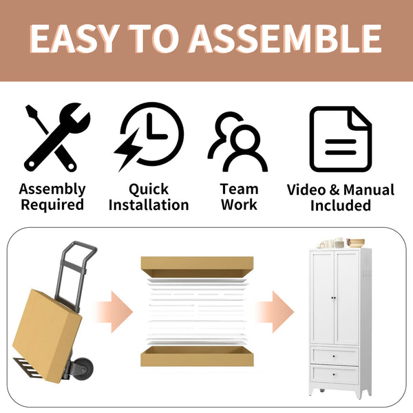 English Elm 72 White Steel Pantry Cabinet with 2 Drawers, Adjustable Shelves, Anti-Tip, Ventilated Durable Organizer T2398P350190