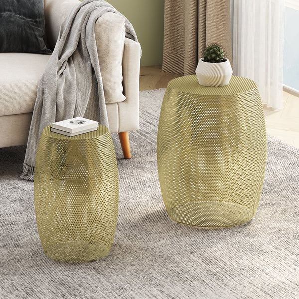 English Elm Christopher Knight Home® - Round Metal Hollow Side Table Set – Elegant Gold Drum Accent Tables For Modern Living Spaces & Décor N770P195647G
