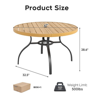 English Elm "round Faux Wood Slat Top Outdoor Dining Table 47 Inch Iron Base Patio Garden Black+Natural W3979P402408