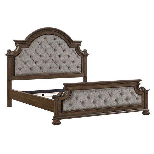 English Elm Traditional Arched Button Tufted California King Bed Gray Chenille Walnut Inlay Frame B011S02508
