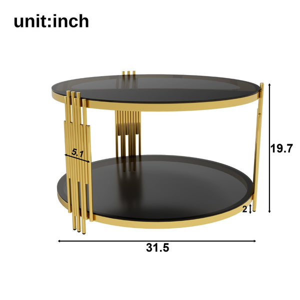 English Elm Modern Round Coffee Table Black Tempered Glass Top Gold Drum Base Living Room Glam N735P177478B