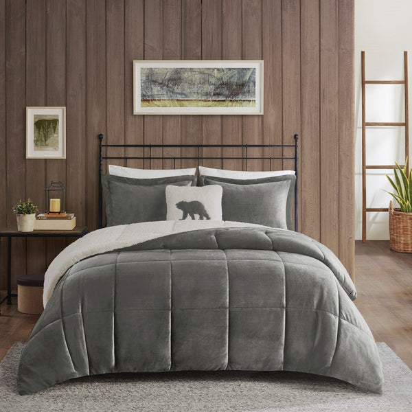English Elm Full/Queen Alton Plush to Sherpa Comforter Set with Hypoallergenic Down Alternative Fill, Cozy Cabin Retreat Charcoal+Ivory 22.44 L x 20.87 W x 13.39 H B035100495