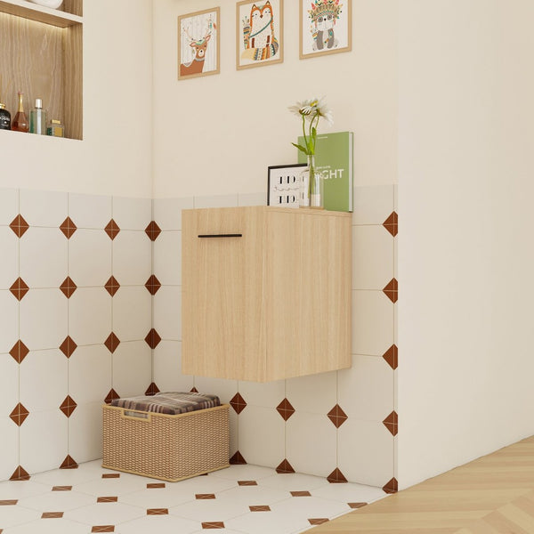 English Elm 12" Wall-mounted Oak Plywood Bathroom Linen Cabinet Slim Floating Single Door Storage W3450P440600
