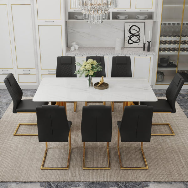 English Elm Table Set With Elegant Glass Top, Imitation Marble Finish & 8 Comfortable Pu Chairs - Perfect For Dining! W1151S04348-GIGA