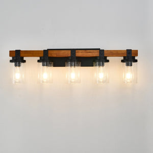 English Elm 5-light Matte Black Wood Accent Vanity Bar with Clear Glass Shades for Bath or Kitchen W5008P388945