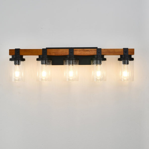 English Elm 5-light Matte Black Wood Accent Vanity Bar with Clear Glass Shades for Bath or Kitchen W5008P388945