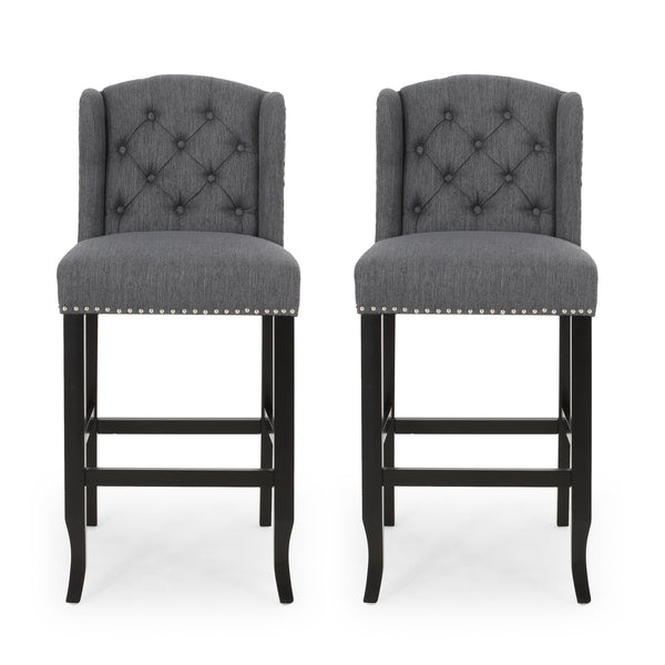 English Elm Christopher Knight Home® - Vienna Tufted Wingback Counter Stools Set of 2 — Button-Tufted Fabric, Nailhead Trim, Rubberwood Frame Charcoal 64856.00CHAR