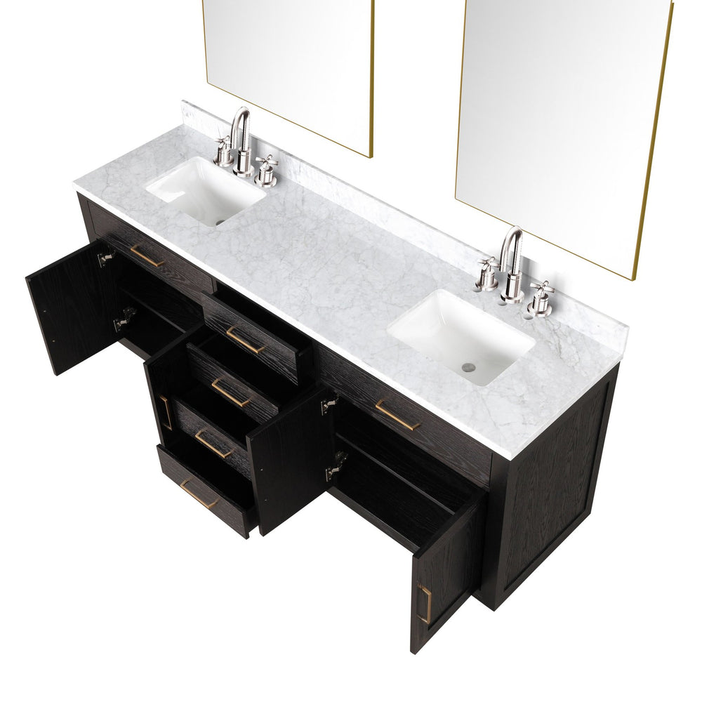 English Elm Black Oak Double Bath Vanity Ensemble With Carrara Marble Top, Faucets, And Stylish Mirrors Included B2731S02178