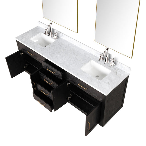 English Elm Black Oak Double Bath Vanity Ensemble With Carrara Marble Top, Faucets, And Stylish Mirrors Included B2731S02178