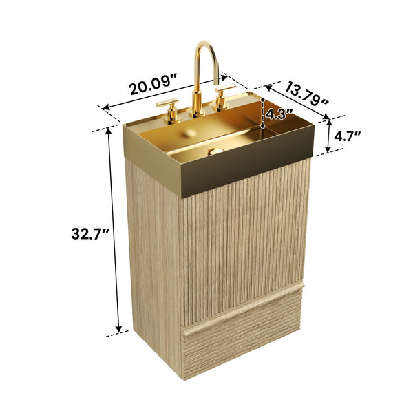 English Elm Gada Fluted Sage Freestanding Bathroom Vanity with Brushed Brass Vessel Sink Cabinet Light Oak W1865S00217