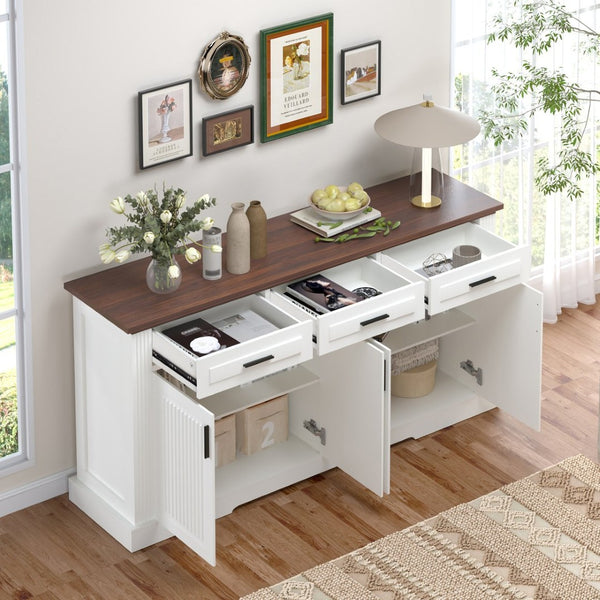 English Elm 63" Fluted Mdf Sideboard with Wood Tone Top Four Doors Three Drawers Dining Storage White W2917S00011
