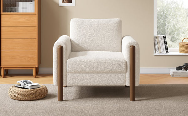 English Elm Christopher Knight Home® - Oversized Teddy Velvet Accent Chair with Curved Armrests, Tufted Mid-Century Design and Walnut Legs White N765P189679W