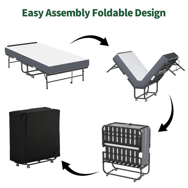 English Elm 75 Inch Rollaway Twin Bed with Memory Foam Mattress Heavy Duty Steel Frame Foldable W2735P425463