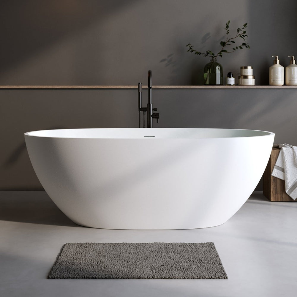 English Elm 66.9″solid Stone Resin Freestanding Bathtub Oval Matte White Soaking Tub Thermal Walls W2753P307870
