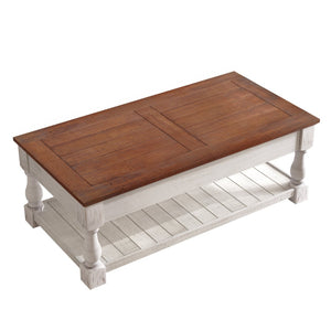 English Elm Farmhouse Coffee Table Solid Planked Wood with Open Shelf Square Baluster Living Room Antique Espresso,Antique White W1445P362858