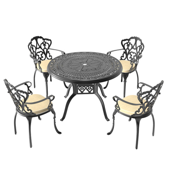 English Elm 5-Piece Cast Aluminum Patio Furniture Set With Plush Off-White Cushions For Elegant Outdoor Dining W1710S00066